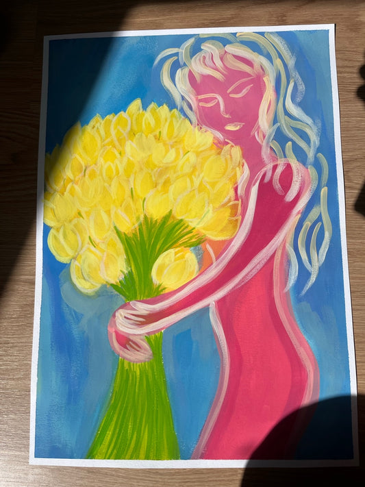 Pink lady with yellow Tulips[42 x 59.4cm/A2]